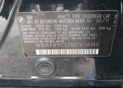 2011 BMW 550I from USA, damaged, VIN WBAFR9C53BDV58140